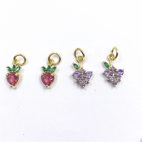 Fruit Pendant Charms Copper Micro Pave Zircon Small Grape Strawberry For DIY Jewelry Making
