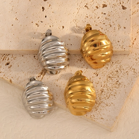 Chunky Oorknopjes Titanium Staal Verguld Spiraalvormige Ribbeltextuur Geometrisch Ovaal Mode Sieraden Voor Dames