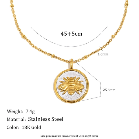 Bienen Münz Anhänger Halskette Edelstahl 18K Vergoldet Vintage Runde Medaillon Relief Perlenkette Für Damen