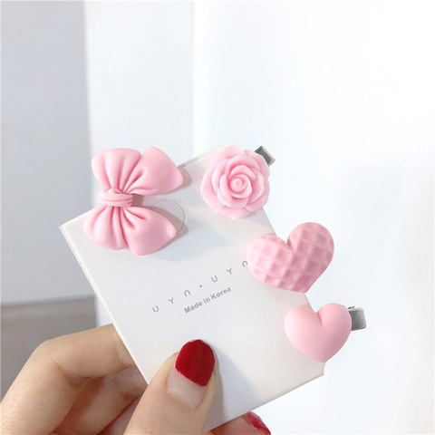 Pink Sweet Hair Clips Resin Bow Heart Peach Flower Duckbill Side Pins Cute Hair Accessories For Girls Women Korean Style