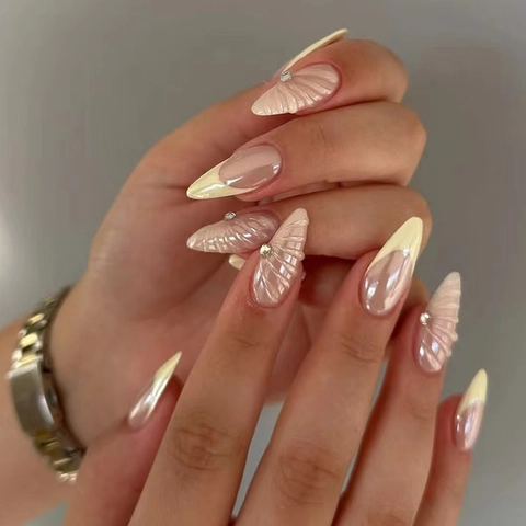 Französische Press On Nägel Gänsegelb 3D Muschelstruktur Perlmutt Glanz Strass Mandelform ABS Maniküre Für Frauen Elegante Nagelkunst