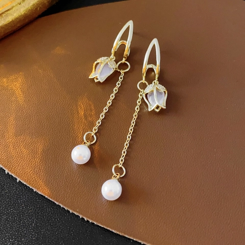 Tulp Zirkoon Lange Oorbellen Künstliche Perle Lange Kwast Elegant Koperen Sieraden 925 Sterling Silver Earring Post