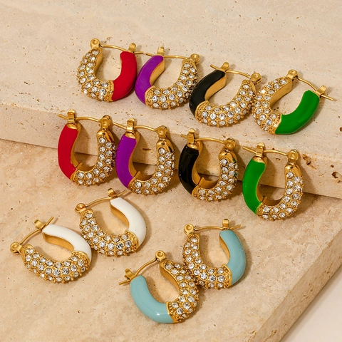 Edelstahl U-Förmige Creolen Vergoldet Zirkonia Bunte Emaille Mode Schmuck Für Damen