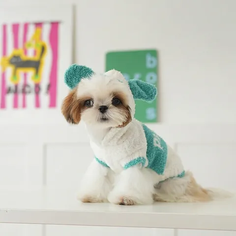 Pet Dog Hooded Sweater Cute Animal Ears Warm Knitted Velvet Fleece Winter Clothes Puppy Letter Print Soft