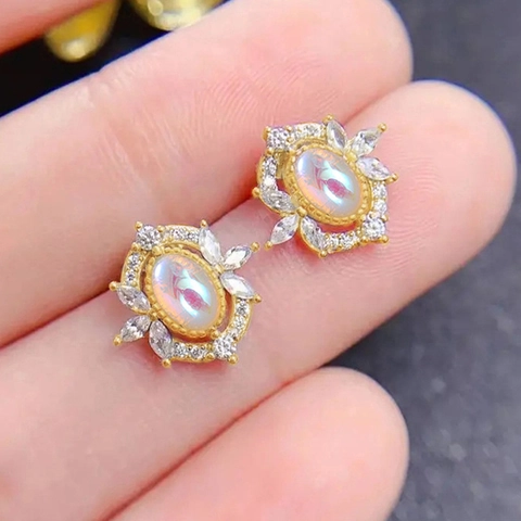 Vintage Oval Imitation Moonstone Stud Earrings Copper Gold Plated Zircon Cluster Palace Style Jewelry For Women Elegant