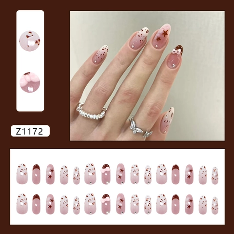 Uñas Postizas Press On Estilo Francés Estampado Leopardo Con Estrella Lazo Diamantes De Imitación Marrón Rojizo Forma Almendra ABS