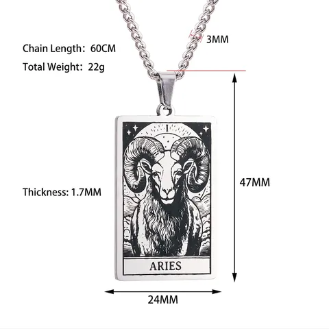 304 Stainless Steel Zodiac Tarot Card Pendant Necklace Vintage Retro Rectangular Constellation Tag Curb Chain Jewelry Men Women