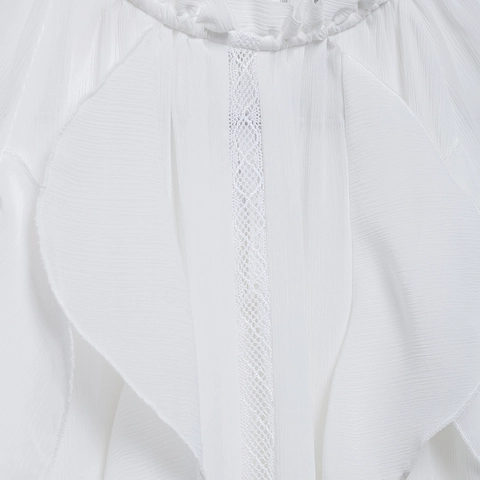 Women Ruffle Chiffon Blouse Elegant Stand Collar Long Sleeve Solid White Pullover Shirt Top