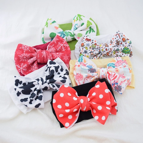 Baby Girl Elastic Headband Oversized Bowknot Printed Soft Nylon Hairbands For Infants Toddlers Newborns Hair Accessories