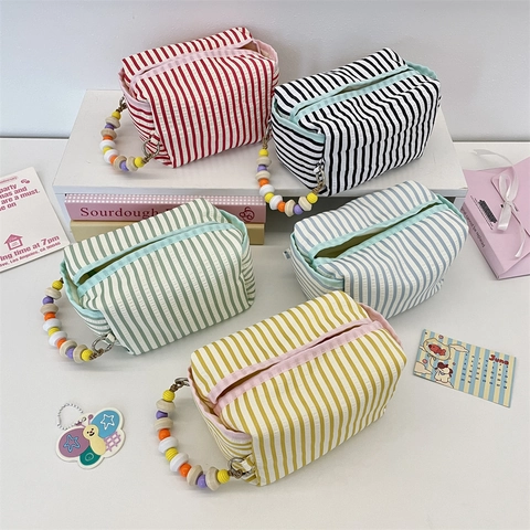 Striped Cotton Tissue Box Cover Hanging Storage Bag Portable Case With Colorful Beaded Handle For Car Office Desktop