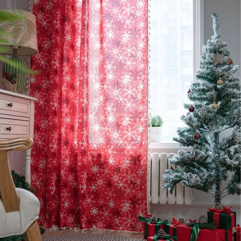 Rideau De Noël En Coton Et Lin Imprimé Flocon De Neige Rétro Semi Occultant Avec Gland Pour Chambre Salon Armoire