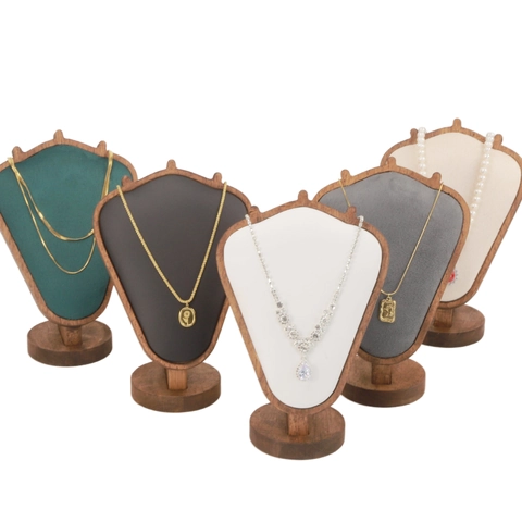 Wooden Necklace Display Stand Velvet Bust Portrait Jewelry Holder Rack Countertop Showcase Organizer Luxury Elegant