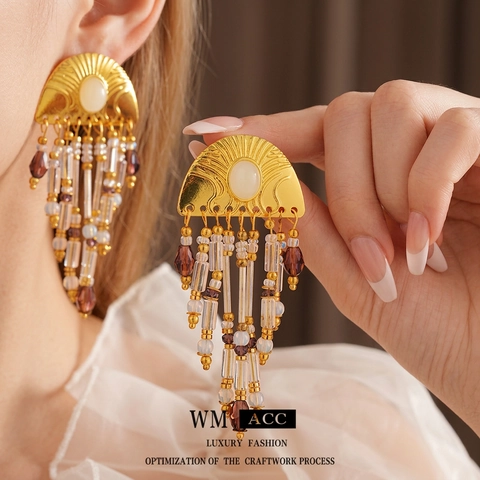 Vintage Böhmische Quasten Ohrhänger Legierung Glasperlen Statement Ethno Stil Mit Silver Earring Post Für Damen