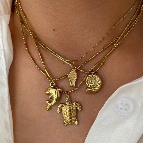 Zeedieren Hanger Ketting 18K Verguld Roestvrij Staal Vintage Schildpad Dolfijn Schelp Vis Sleutelbeenketing Voor Dames