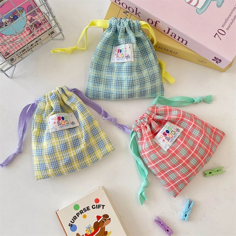 Bolsa de Almacenamiento a Cuadros con Cordón Tela de Poliéster Eticheta Tejida Neceser de Maquillaje Viaje Organizador de Labiales Mujer