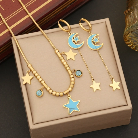 Gioielli Stella Luna Celesti Acciaio Inossidabile Placcato Oro Collana Bracciale E Orecchini Con Perline Turchesi Per Donna Stile Trendy