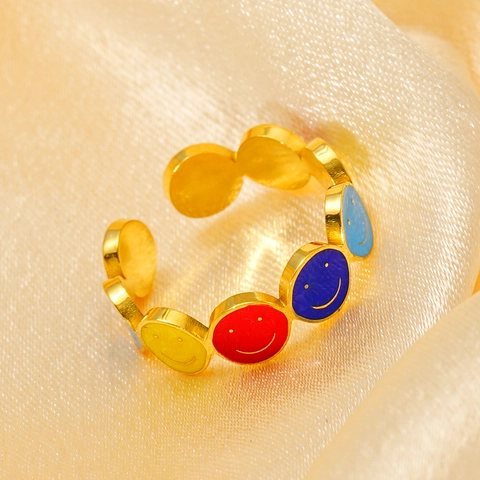 Evil Eye Smiley Face Ring Stainless Steel 18K Gold Plated Colorful Enamel Adjustable Opening Bohemian Jewelry For Women