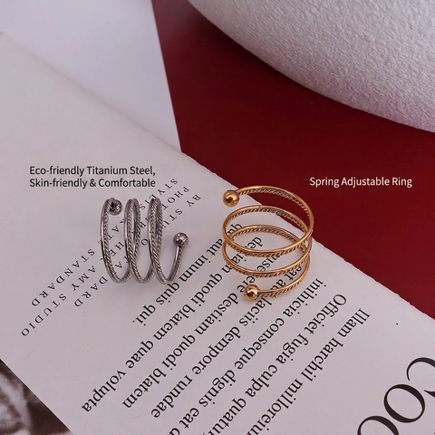 Anello A Molla Spirale Doppio Strato Acciaio Al Titanio Placcato Oro 18K Trama Intrecciata Gioielli Regolabili Donna