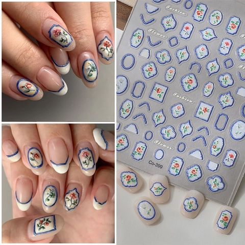 Autocollants Art Des Ongles 5D Relief Style Français Rose Floral Design Rétro Bord Bleu Décorations De Manucure DIY Beauté