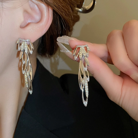 Elegant Leaf Wing Long Drop Earrings Copper With Zircon And Silver Earring Post For Women Vintage Temperament Jewelry