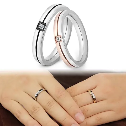 Minimalist Stainless Steel Rings Color Blocked Cubic Zirconia Inlaid Geometric Jewelry For Couples Men Women
