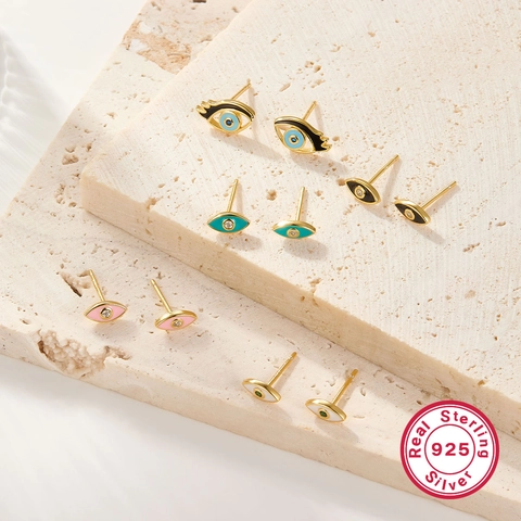 Orecchini a Bottone Malocchio in Argento Sterling S925 per Donna Smalto Colorato Strass Piccoli Placcati Oro Gioielli Minimalisti