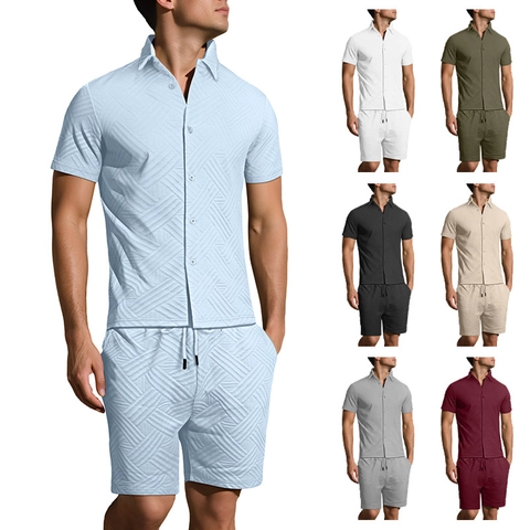 Tenue De Vacances Décontractée Pour Hommes Chemise Et Short Jacquard Géométrique Texturé Boutonné Manches Courtes