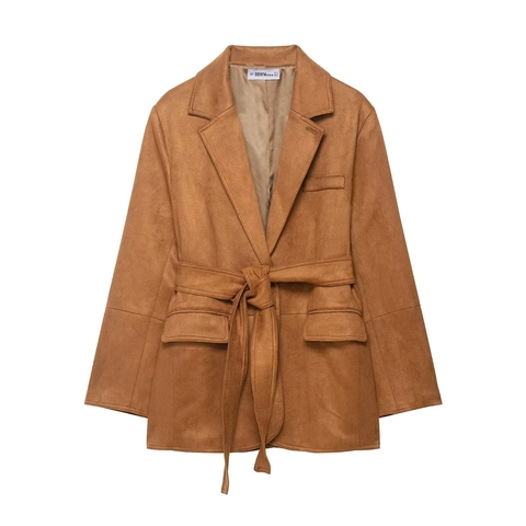 Women's Casual Faux Suede Blazer Jacket With Waist Belt Brown Solid Color Long Sleeve Lapel Loose Fit Outerwear Top