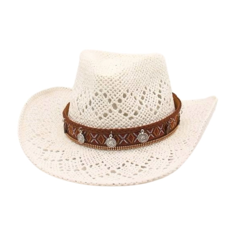 Women Retro Cowboy Straw Hat Hollow Breathable Sun Shade Beach Bohemian Ethnic Band Metal Coins