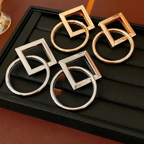 Geometric Interlocking Hoop Earrings With Silver Earring Post Iron Square Round Hollow Minimalist Fashion For Women