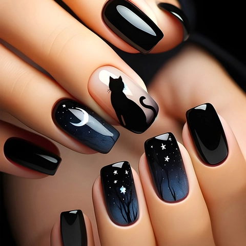 Faux Ongles À Presser Brillants Motif Chat Lune Étoile Dégradé Noir Bleu Ongles Artificiels Pour Femmes