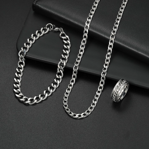 Collar Pulsera Y Anillo De Cadena Cubana Acero Inoxidable Hip Hop Punk Joyería De Moda Hombres Mujeres Color Plata Pulido