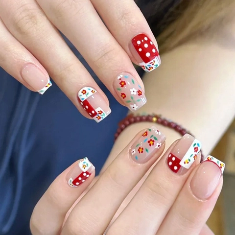 Vintage Red Polka Dot Floral Press On Nails French Short Style Cute Sweet Nail Tips