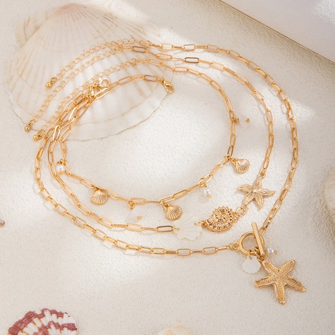 Multilayer Alloy Necklace Starfish Shell Conch Pendants Imitation Artificial Pearl Summer Beach Jewelry Women Boho Style