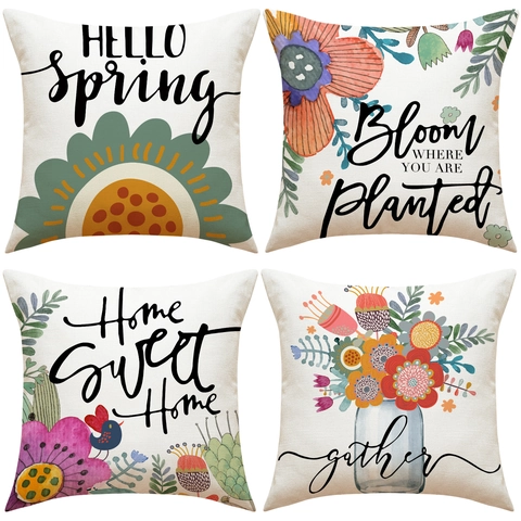 Federe Per Cuscini Fiori Di Primavera Trama Lino Copricuscini Decorativi Motivo Floreale Scritte Per Divano Casa