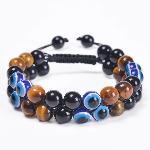 Evil Eye Tiger Eye Layered Beaded Bracelet Handmade Braided Adjustable Natural Stone Jewelry For Men