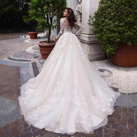 Long Sleeve Lace Wedding Dress Deep V Neck Tulle Cathedral Train Elegant Ball Gown Bridal Gown For Women