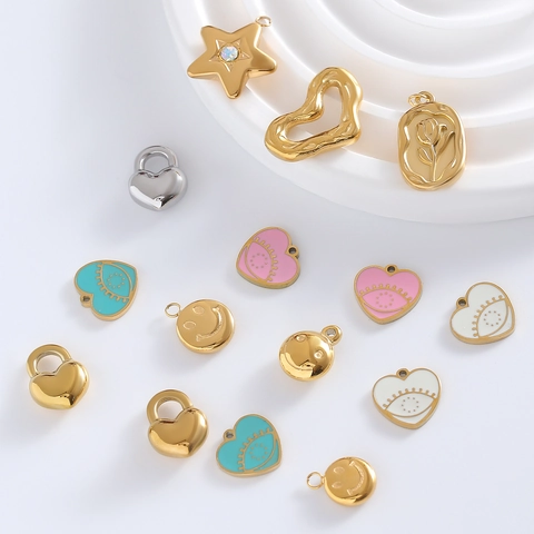 Stainless Steel Charms Pendants DIY Necklace Making Enamel Heart Star Smiley Face Rose Flower 18K Gold Plated Jewelry Findings