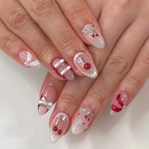 Unghie Press On Mandorla Motivo Ciliegia Francese Sfumatura Rosso Rosa Con Decorazione Fiocco 3D Perla Artificial Strass Elegante Per Donne