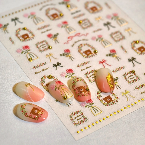 Stickers Nail Art Ours Mignon Bouquet De Fleurs Rose Vintage Dorure Autocollant Décoration De Manucure Pour Femmes