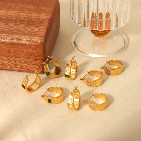 Vintage Ribbed Hoop Earrings 18K Gold Plated Titanium Steel With Rectangular Zircon Inlay Elegant Jewelry For Women