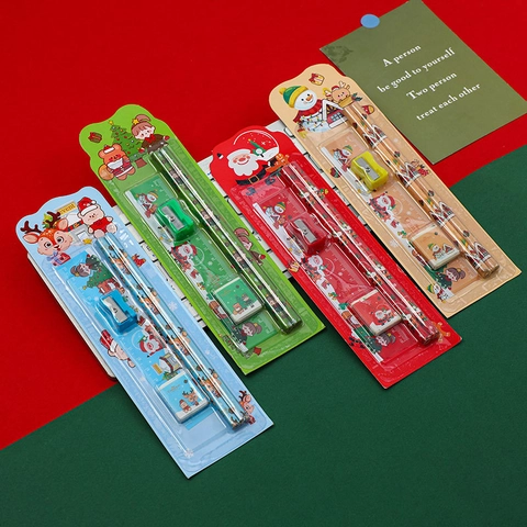 Kerst Briefpapier Set Houten Potloden Liniaal Gum Puntenslijper Cartoon Kerstman Rendier Student Schoolbenodigdheden Cadeau