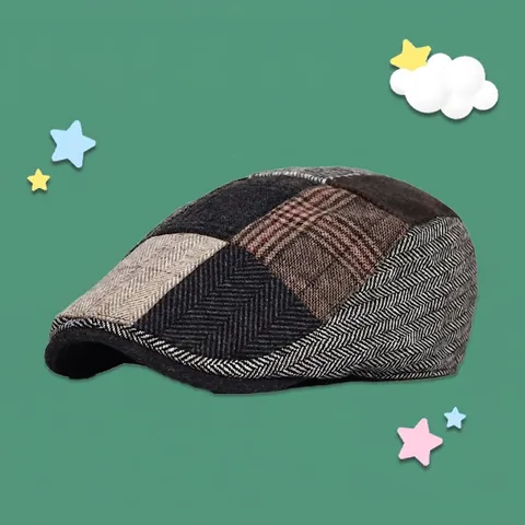 Gorra Newsboy de Patchwork Estilo Británico Vintage Para Hombres Mujeres Ajustable de Mezcla de Lana Espiga Cuadros Boina Gorra Retro de Pintor
