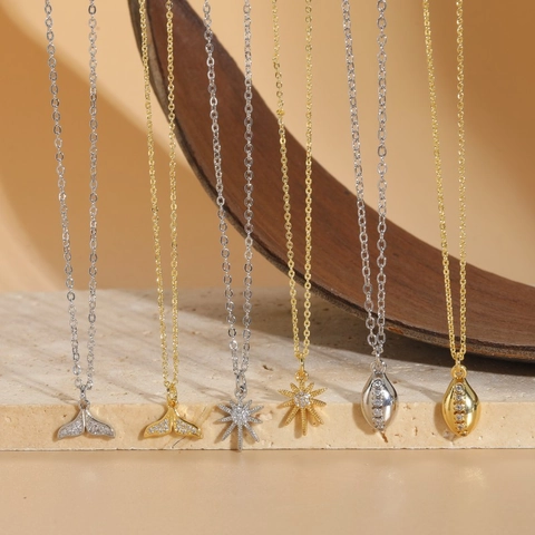 Collana Con Pendente Placcato Oro 14K Rame Zirconi Coda Di Balena Sole Stella Geometrico Versatile Minimalista Per Donna