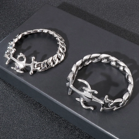 Bracelet À Maillons Cubains Pour Hommes En Acier Inoxydable 316L Poli Fermoir Ancre Style Punk Hip Hop