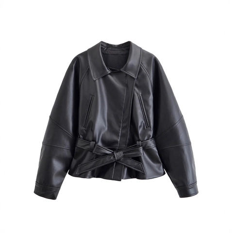 Giacca In Ecopelle Da Donna PU Giubbotto Corto Risvolto Cintura In Vita Manica Lunga Streetwear Nero Autunno