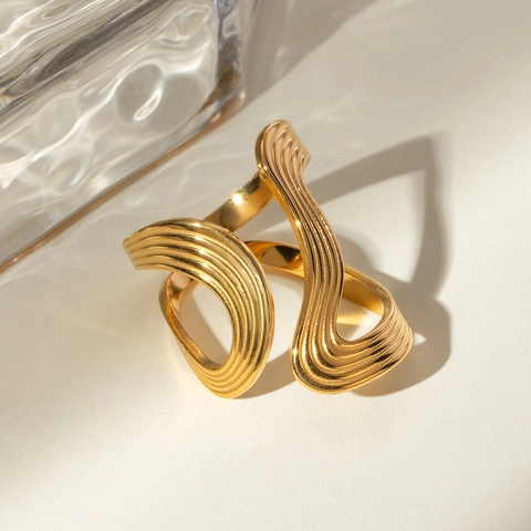 Vintage Wave Irregular Open Ring Stainless Steel Gold Plated Minimalist Adjustable Jewelry For Women