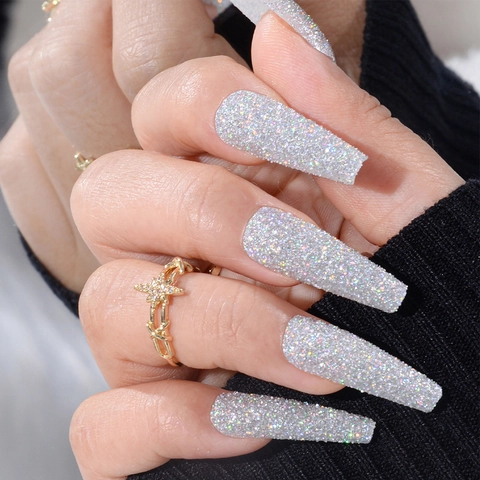 Ασημί Laser Glitter Press On Νύχια Μακριά Σχήμα Φέρετρο Μπαλαρίνα Τεχνητά Ψεύτικα Νύχια Πλήρης Κάλυψη Λαμπερό Μανικιούρ Για Γυναίκες