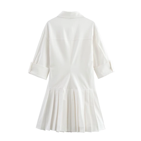 Women White Shirt Dress Pleated Hem Short Sleeve Lapel Collar Elegant Polyester Mini Flare Casual Fashion