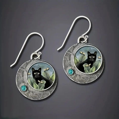 Retro Black Cat Dangle Earrings Antique Silver Alloy Round Glass Cabochon With Blue Rhinestone Bohemian Style For Women